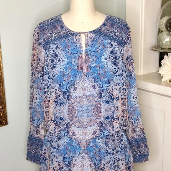 Joie Aidee Blue Printed Silk Chiffon Long Sleeve Mini Dress Medium - Picture 5 of 8